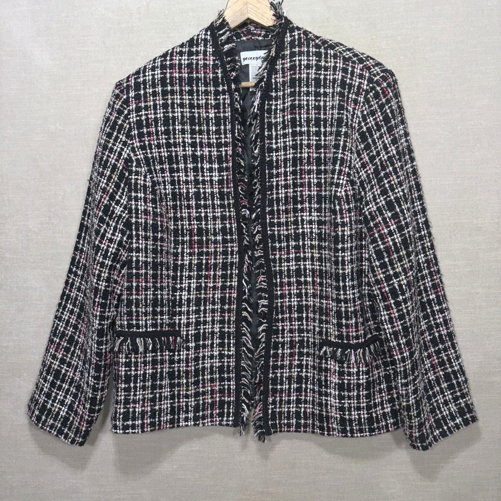 Perceptions Tweed Jacket Womens 18 Plaid Fringe Black White Pink Blazer